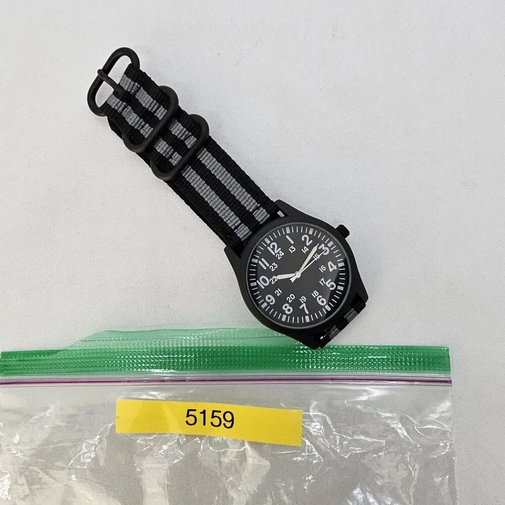 Men's Miltiary Field Watch 42MM Black Case Dial Black Gray Canvas Band‎ Straps
